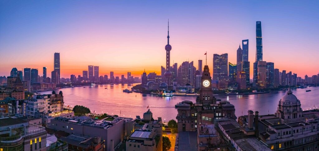 Dazzling skyline view from the Bund at sunset.