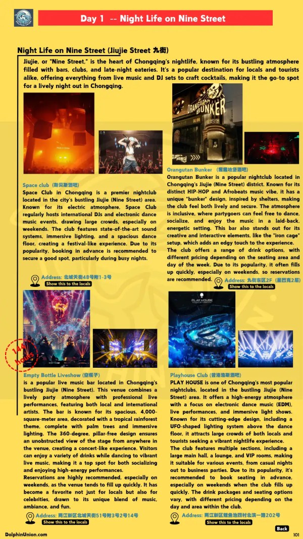 Chongqing Jiujie Street night life guide, featuring Space Club, Orangutan Bunker, Empty Bottle, and Playhouse Club