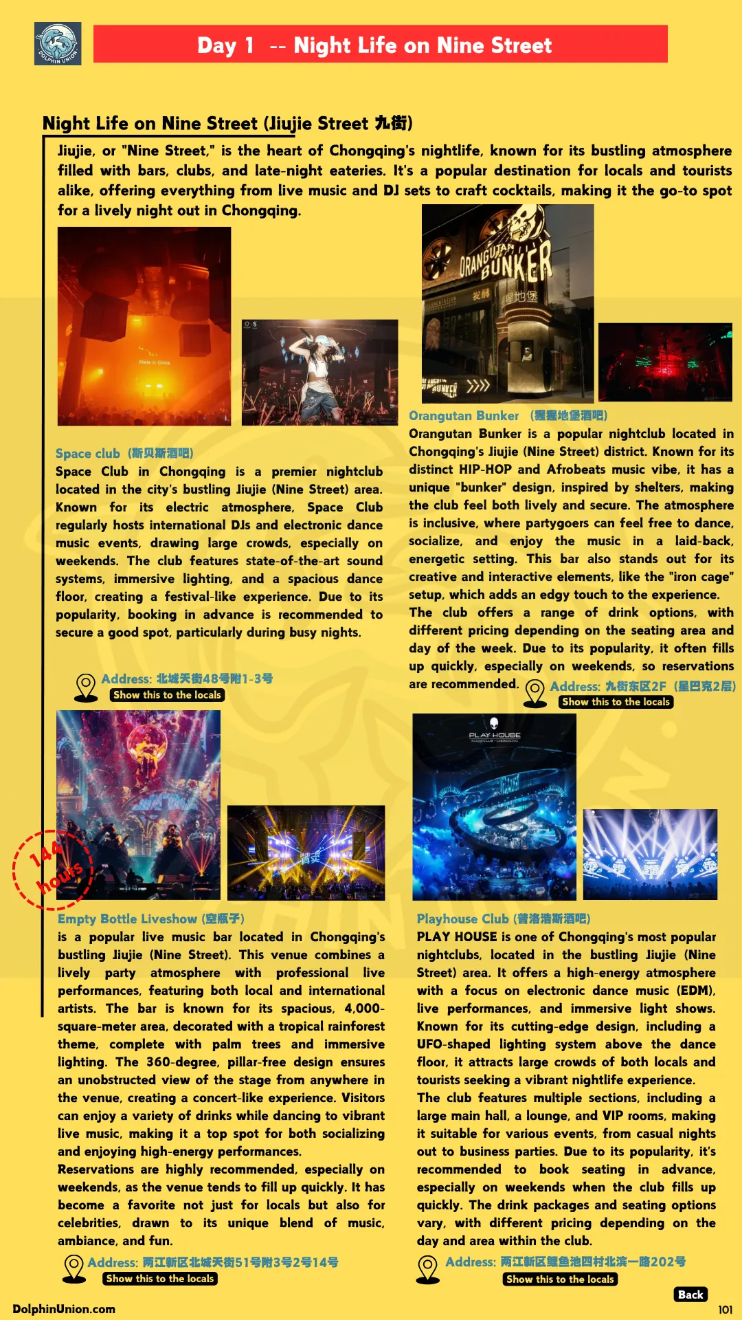 Chongqing Jiujie Street night life guide, featuring Space Club, Orangutan Bunker, Empty Bottle, and Playhouse Club