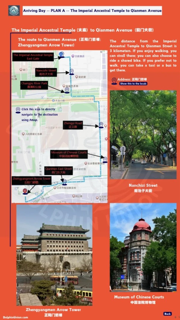 Route from The Imperial Ancestral Temple to Qianmen Avenue Beijing walking bike taxi