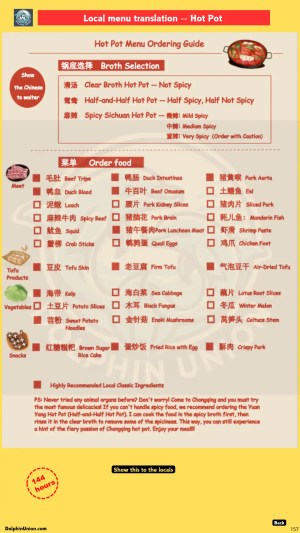 Chongqing hot pot menu translation guide, including broth options, meat/tofu/vegetable ingredients, and Halal-friendly tips