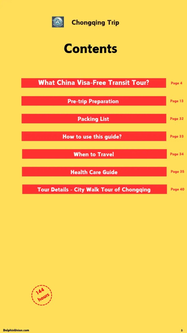 Chongqing 144-hour citywalk travel guide table of contents, covering visa-free transit, pre-trip prep, and itineraries