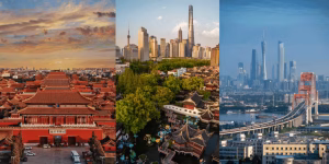 Collage of China's iconic cityscapes: the Forbidden City in Beijing, Shanghai skyline with Yu Garden, and Guangzhou skyline with the Canton Tower