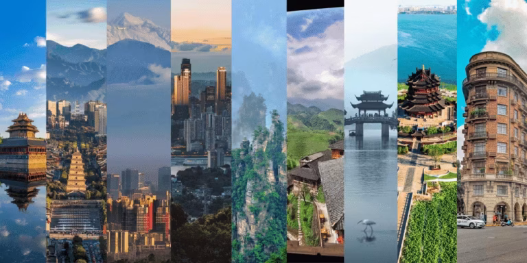 Collage of China's top travel destinations, featuring iconic cityscapes and natural wonders including Beijing, Xi'an, Chengdu, Guiyang, Zhangjiajie, Guilin, Hangzhou, and Shanghai
