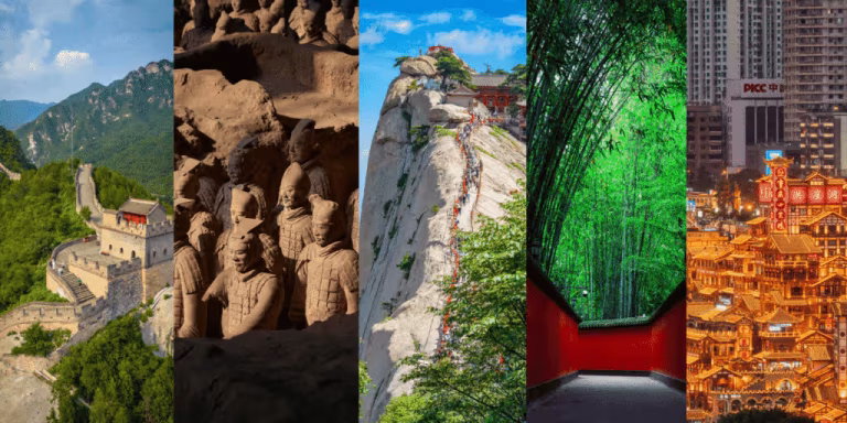 A five-panel collage showcasing China's iconic travel destinations: the Great Wall, Terracotta Army, Mount Huashan, bamboo groves, and Hongyadong in Chongqing